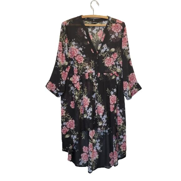 Torrid Floral Tunic Dress Y2k 90s Size 0 (12/Large) Sheer Roll Tab Sleeve #114 - Picture 1 of 11